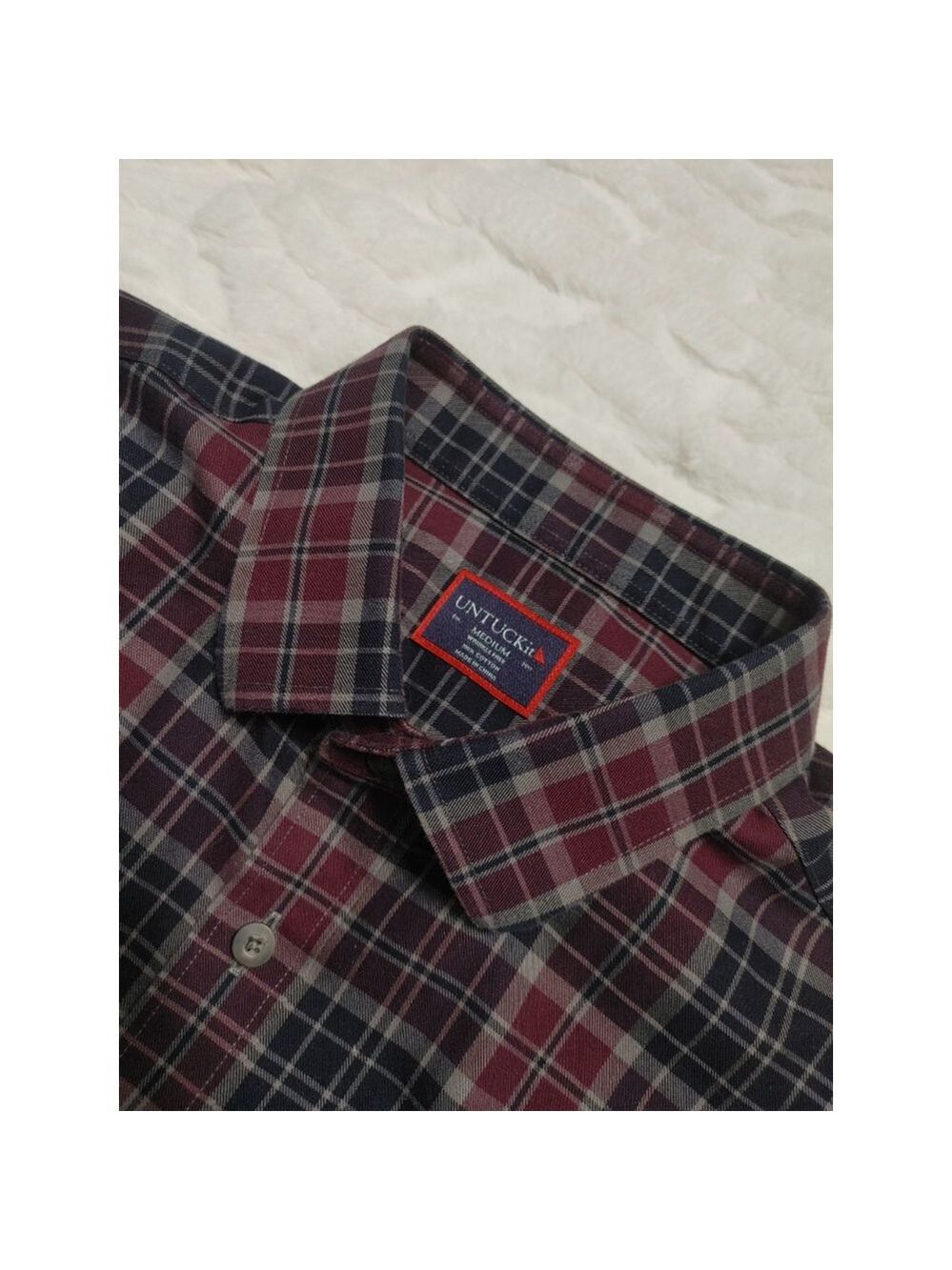 Men's UNTUCKit Casual Button Down Cotton Wrinkle Free Shirt M Maroon Navy Plaid